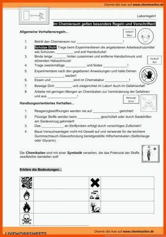 Verhalten Im Chemieraum Arbeitsblatt Chemie Arbeitsblätter