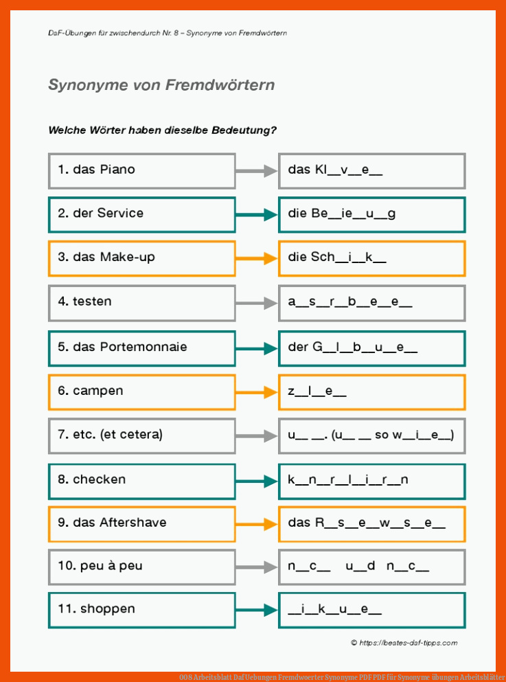 008 Arbeitsblatt Daf Uebungen Fremdwoerter Synonyme PDF | PDF für synonyme übungen arbeitsblätter