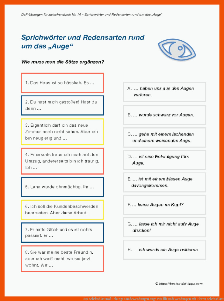 014 Arbeitsblatt Daf Uebungen Redewendungen Auge | PDF für redewendungen mit tieren arbeitsblatt