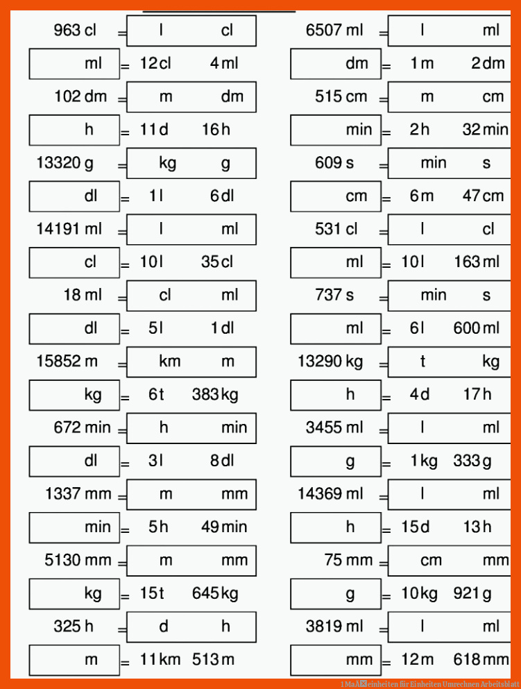 1 MaÃeinheiten für einheiten umrechnen arbeitsblatt