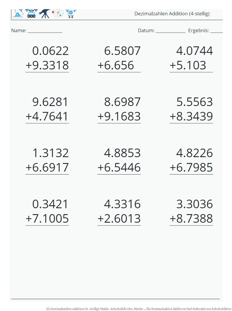 12) dezimalzahlen addition (4-stellig) Mathe-ArbeitsblÃ¤tter, Mathe ... für Dezimalzahlen Addieren Und Subtrahieren Arbeitsblätter