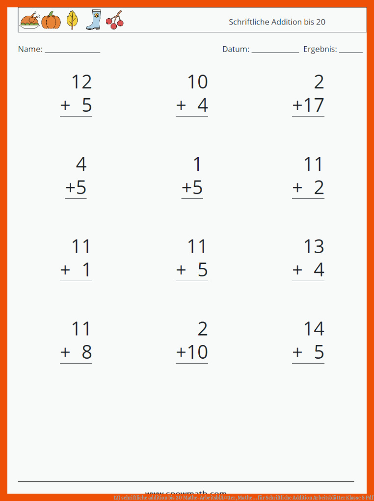 12) schriftliche addition bis 20 Mathe-ArbeitsblÃ¤tter, Mathe ... für schriftliche addition arbeitsblätter klasse 5 pdf