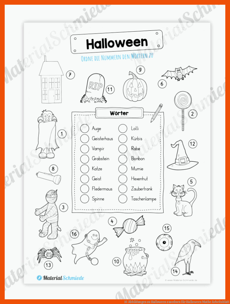 16 Abbildungen zu Halloween zuordnen für halloween mathe arbeitsblatt