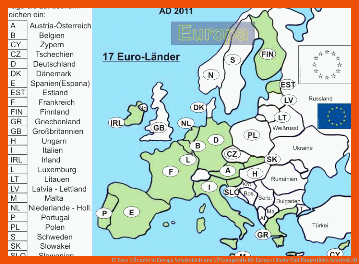 17 Euro-LÃ¤nder in Europa Arbeitsblatt und LÃ¶sungsfolie für europa länder und hauptstädte arbeitsblatt