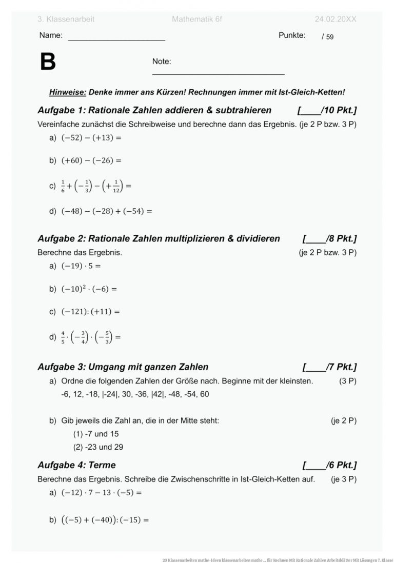 20 Klassenarbeiten Mathe-ideen Klassenarbeiten Mathe ... Fuer Rechnen Mit Rationale Zahlen Arbeitsblätter Mit Lösungen 7. Klasse