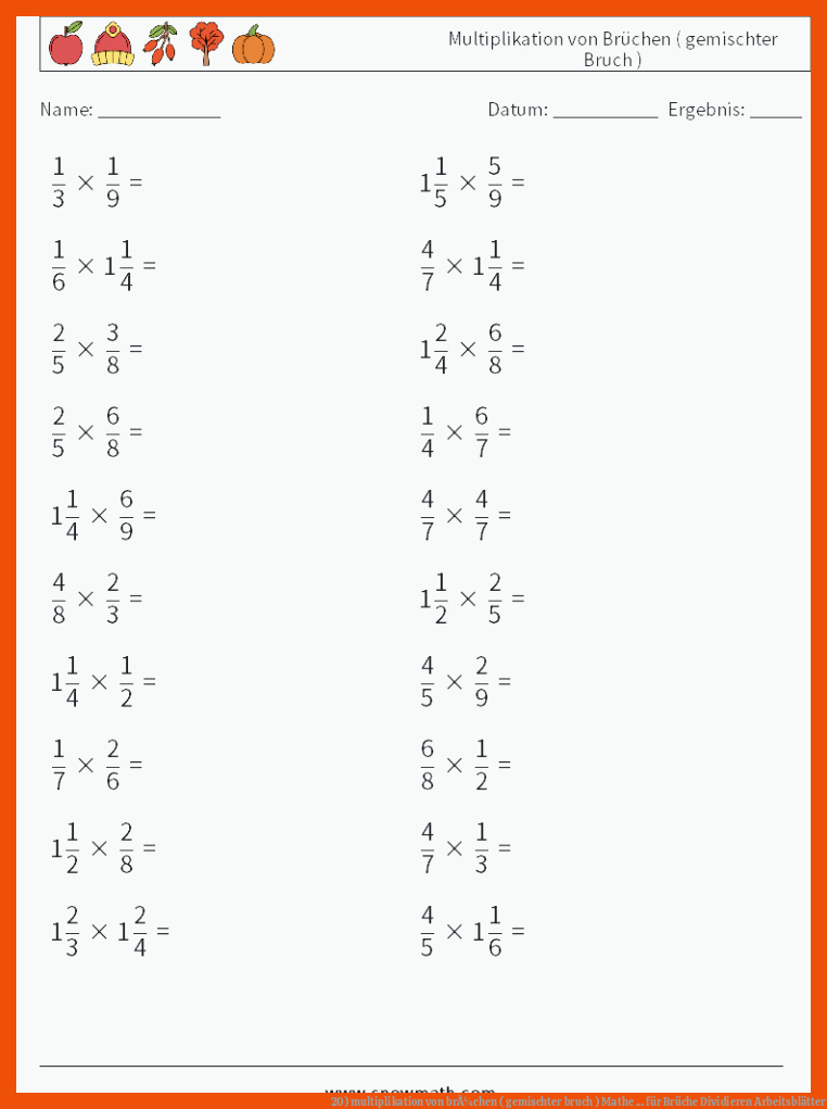 20) multiplikation von brÃ¼chen ( gemischter bruch ) Mathe ... für brüche dividieren arbeitsblätter