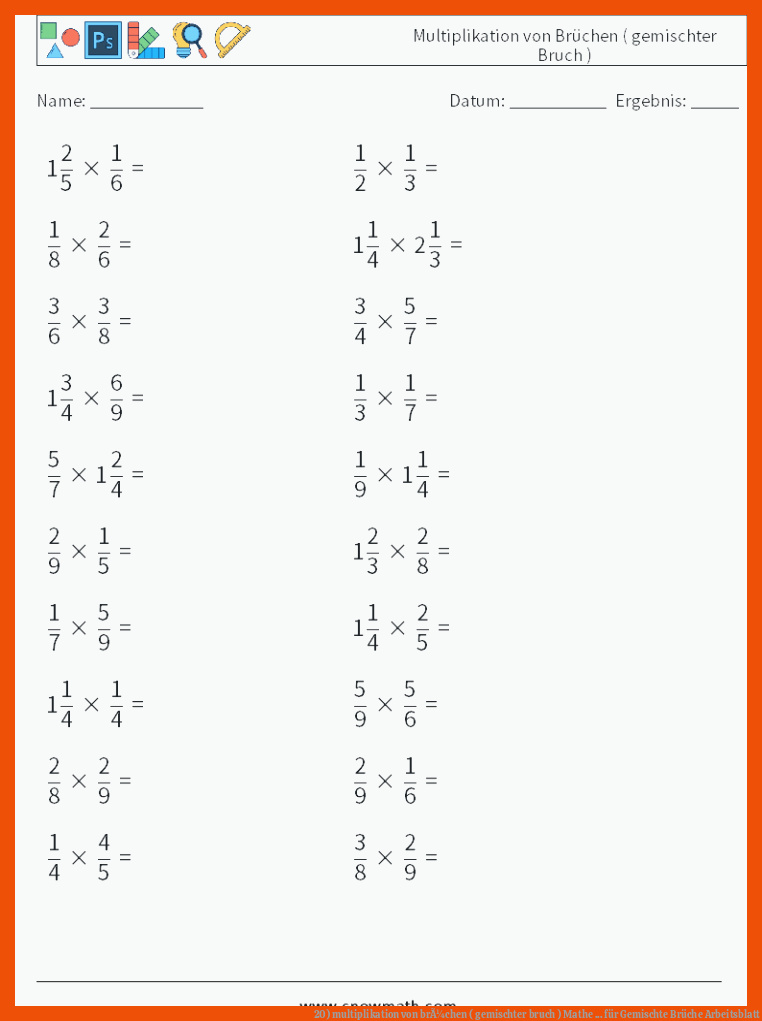 20) multiplikation von brÃ¼chen ( gemischter bruch ) Mathe ... für gemischte brüche arbeitsblatt