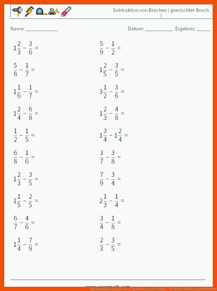 20) subtraktion von brÃ¼chen ( gemischter bruch ) Mathe ... für brüche dividieren arbeitsblätter