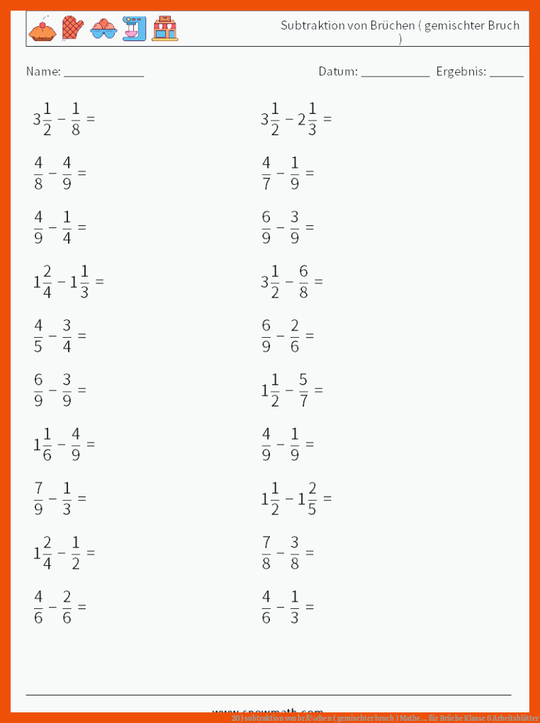 20) subtraktion von brÃ¼chen ( gemischter bruch ) Mathe ... für brüche klasse 6 arbeitsblätter