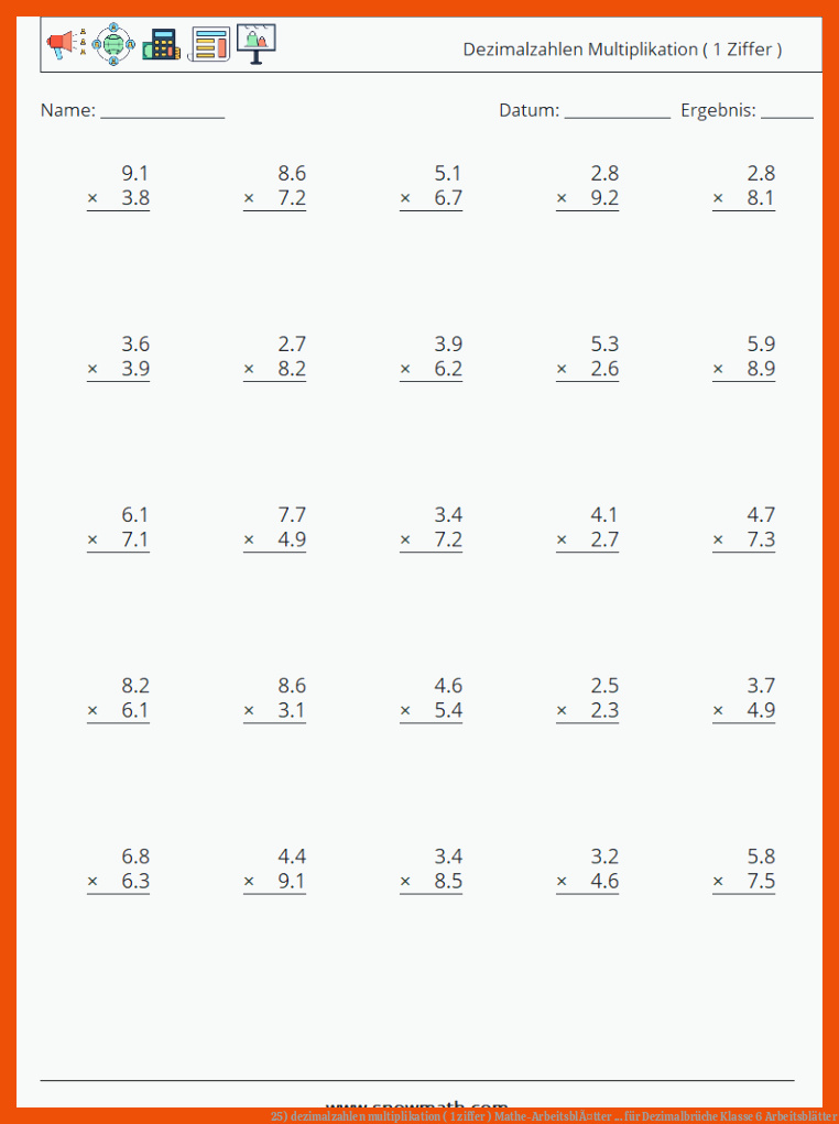 25) dezimalzahlen multiplikation ( 1 ziffer ) Mathe-ArbeitsblÃ¤tter ... für dezimalbrüche klasse 6 arbeitsblätter