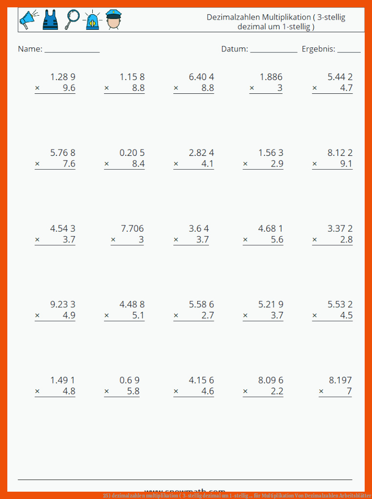 25) dezimalzahlen multiplikation ( 3-stellig dezimal um 1-stellig ... für multiplikation von dezimalzahlen arbeitsblätter