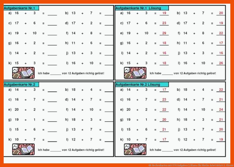 48 Rechenkarten Mit 576 Aufgaben 2.klasse Fuer Mathe Arbeitsblatt 2. Klasse