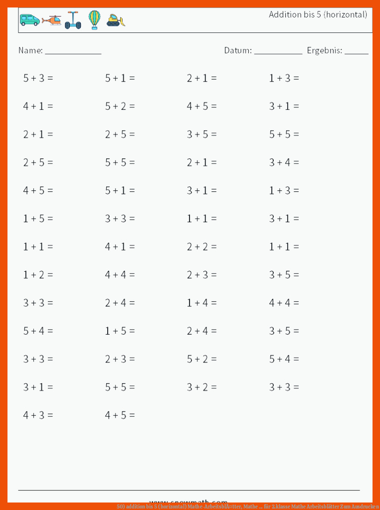 50) addition bis 5 (horizontal) Mathe-ArbeitsblÃ¤tter, Mathe ... für 2.klasse mathe arbeitsblätter zum ausdrucken