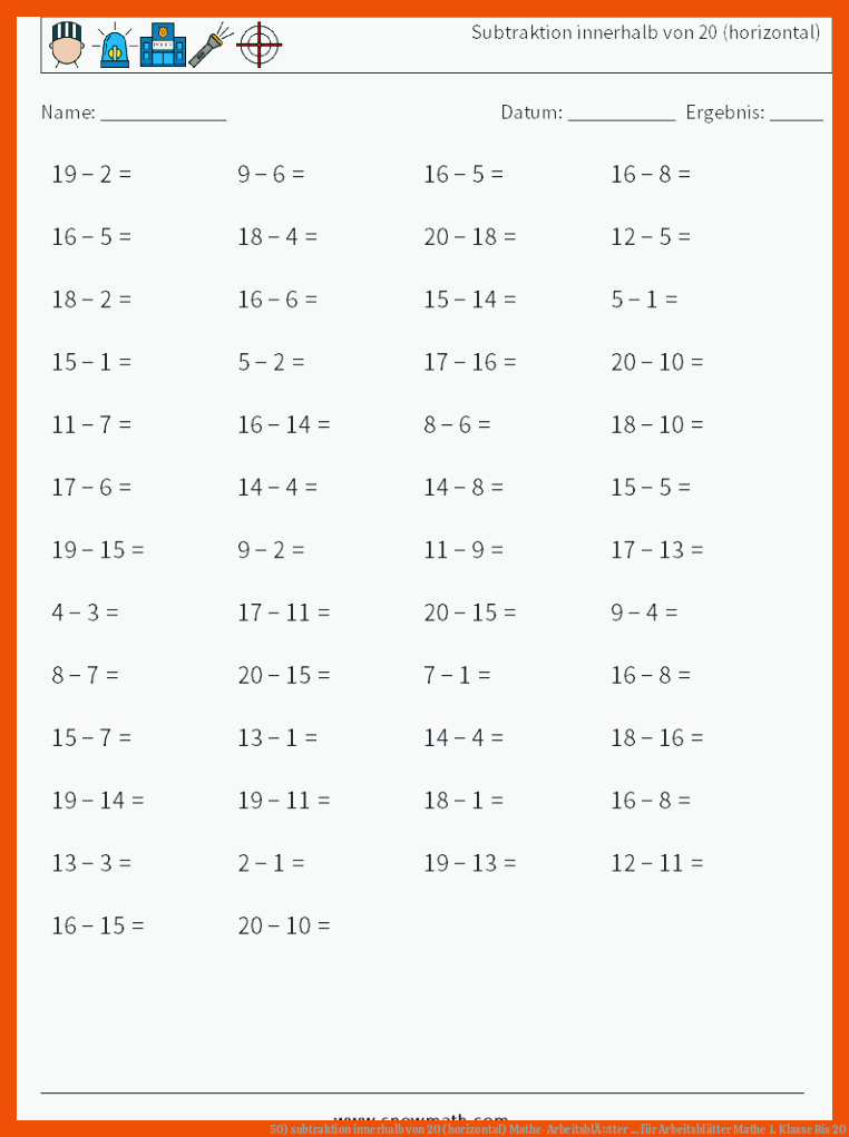 50) subtraktion innerhalb von 20 (horizontal) Mathe-ArbeitsblÃ¤tter ... für arbeitsblätter mathe 1. klasse bis 20