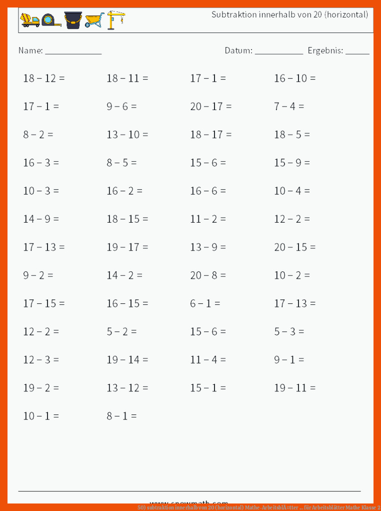 50) subtraktion innerhalb von 20 (horizontal) Mathe-ArbeitsblÃ¤tter ... für arbeitsblätter mathe klasse 2