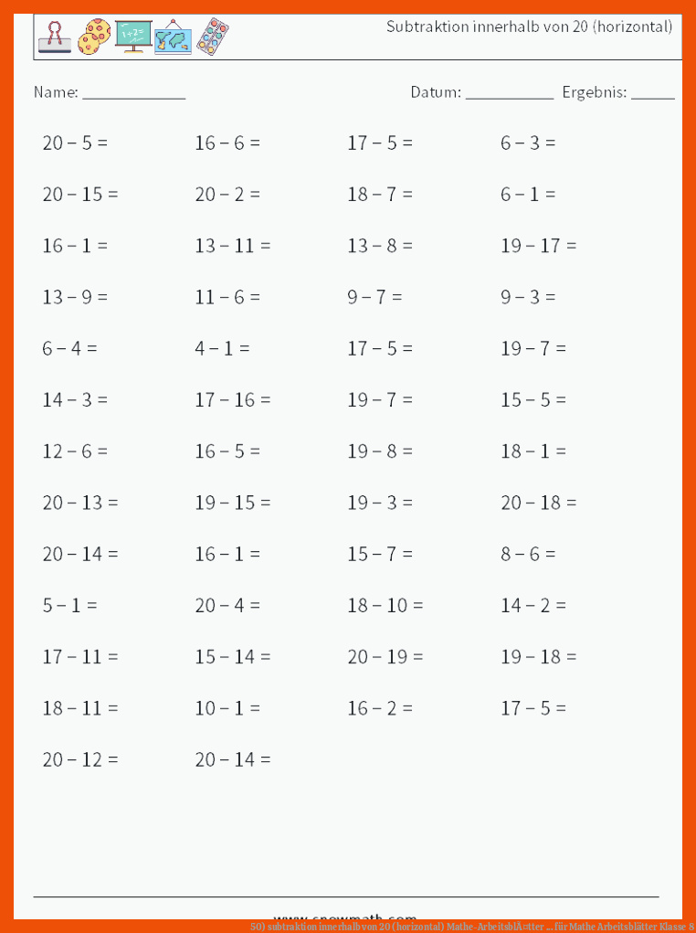 50) subtraktion innerhalb von 20 (horizontal) Mathe-ArbeitsblÃ¤tter ... für mathe arbeitsblätter klasse 8