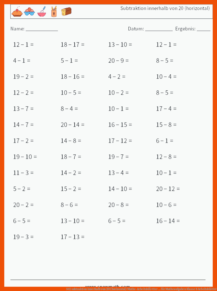 50) subtraktion innerhalb von 20 (horizontal) Mathe-ArbeitsblÃ¤tter ... für matheaufgaben klasse 8 arbeitsblätter