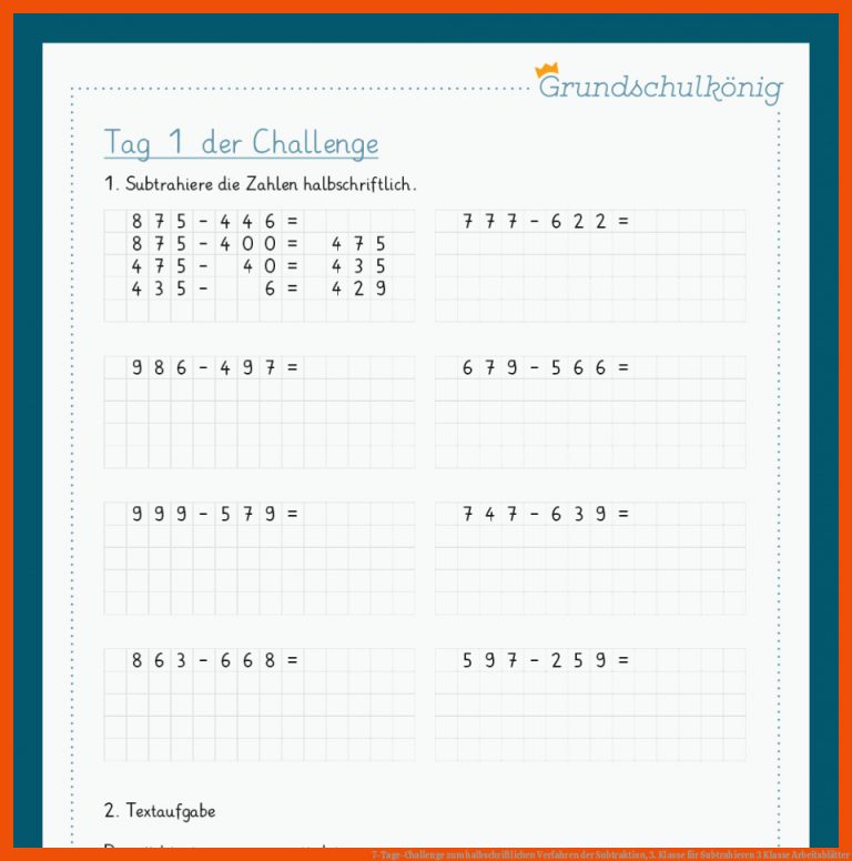 7-Tage-Challenge zum halbschriftlichen Verfahren der Subtraktion, 3. Klasse für subtrahieren 3 klasse arbeitsblätter