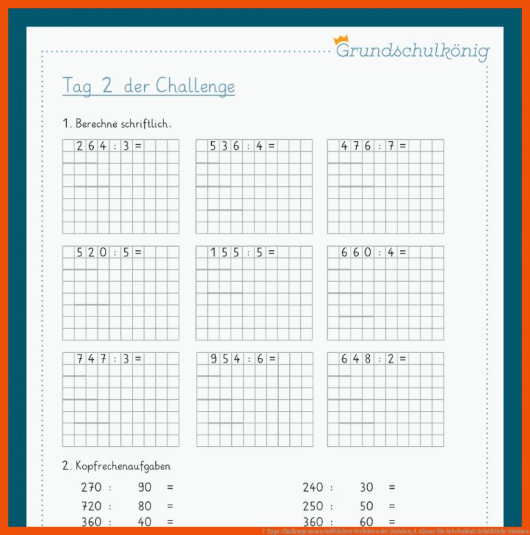 7-Tage-Challenge zum schriftlichen Verfahren der Division, 4. Klasse für arbeitsblatt schriftliche division