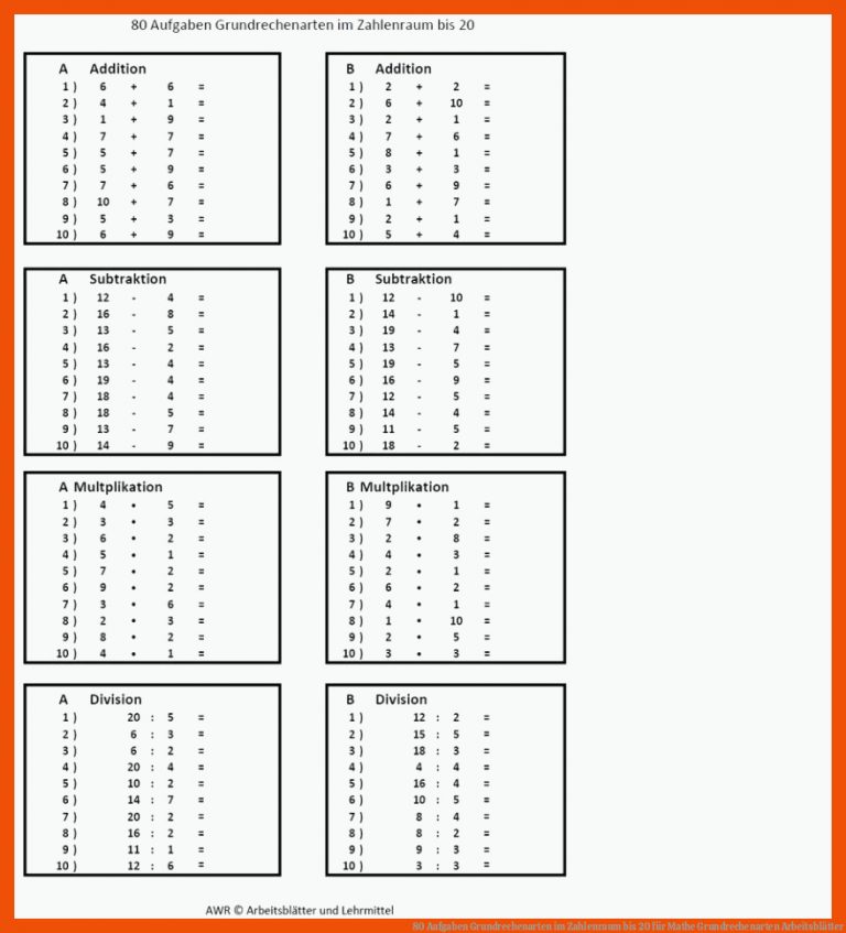 80 Aufgaben Grundrechenarten im Zahlenraum bis 20 für mathe grundrechenarten arbeitsblätter