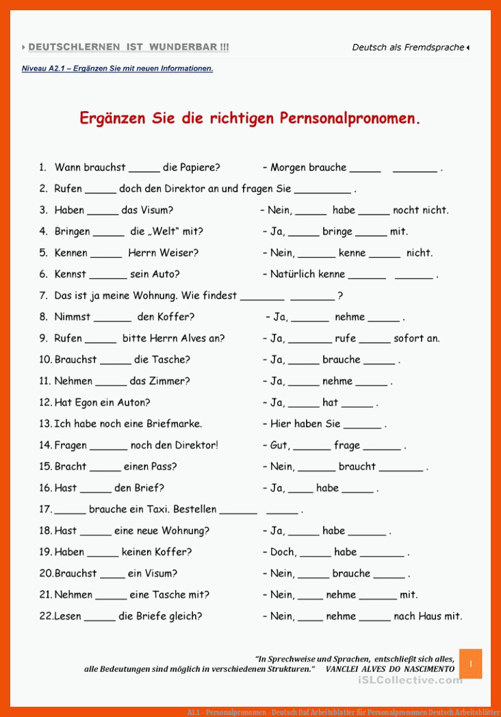 A1.1 - Personalpronomen - Deutsch Daf Arbeitsblatter für personalpronomen deutsch arbeitsblätter