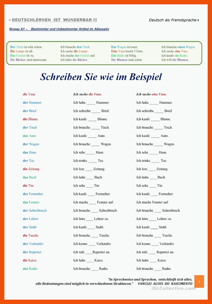 A1 - Akkusativ - Ãbung - Deutsch Daf Arbeitsblatter für artikel übungen arbeitsblätter