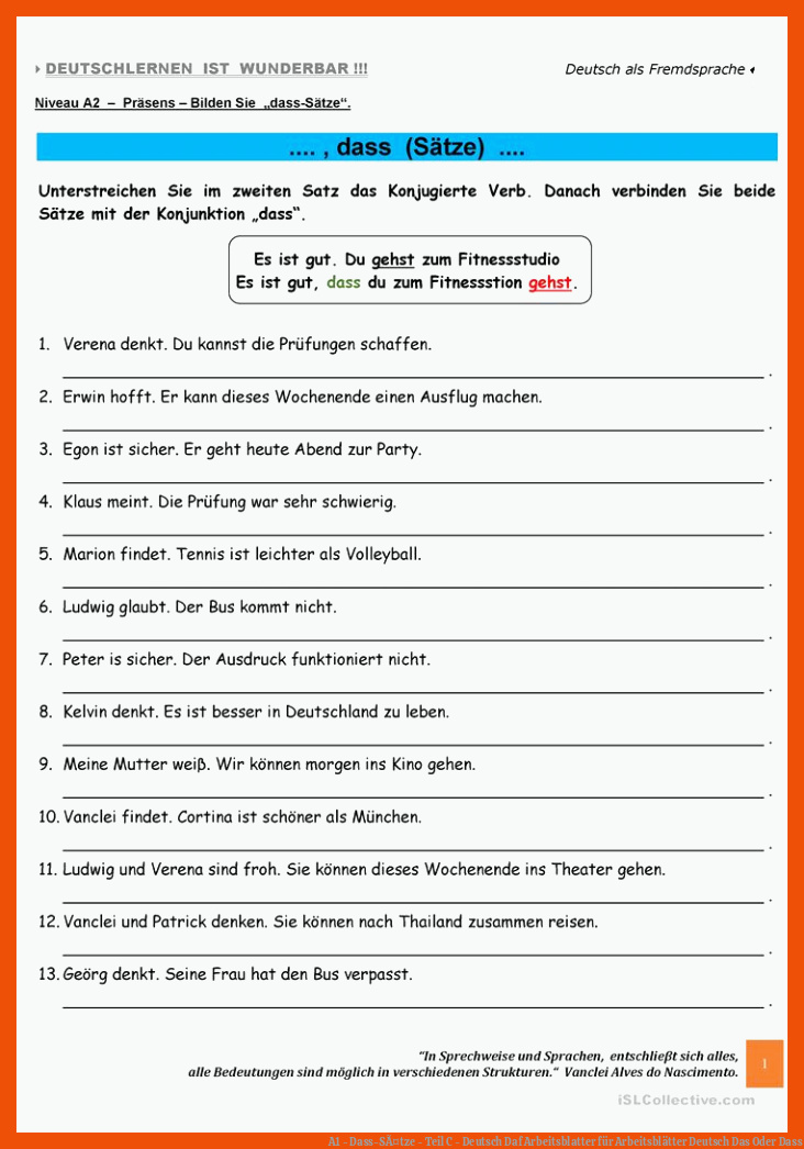 A1 - Dass-SÃ¤tze - Teil C - Deutsch Daf Arbeitsblatter für arbeitsblätter deutsch das oder dass