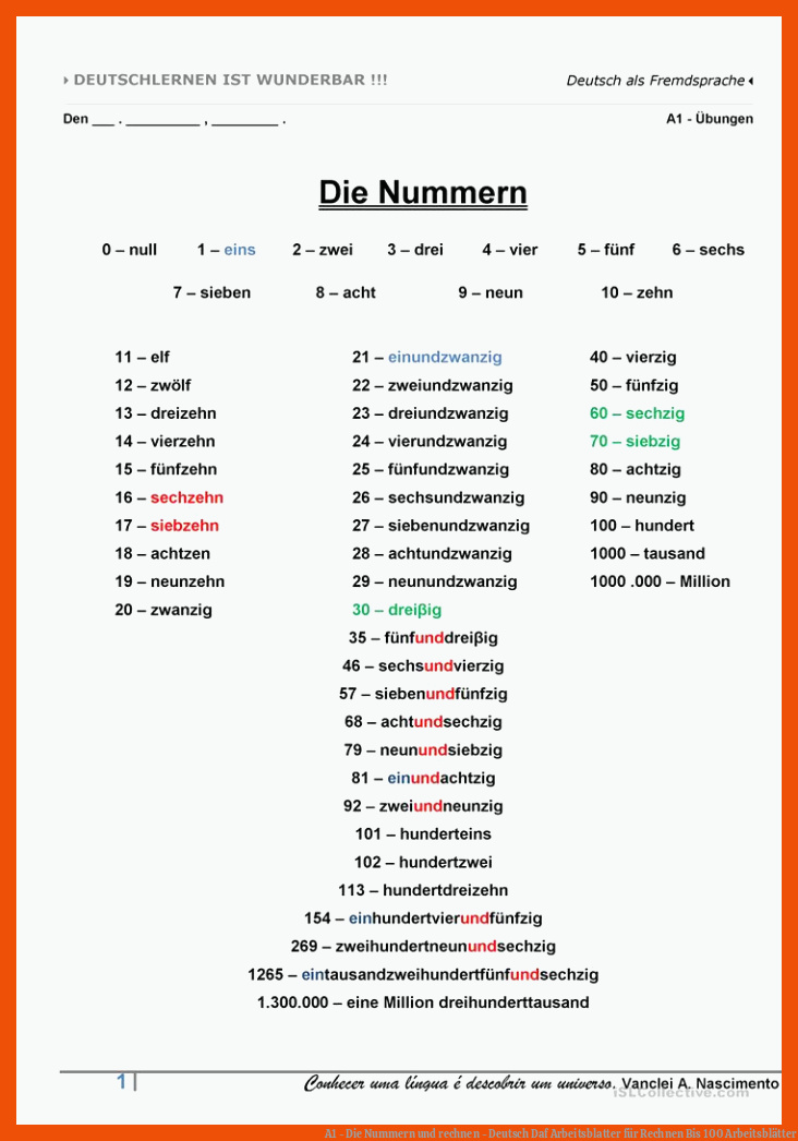 A1 - Die Nummern und rechnen - Deutsch Daf Arbeitsblatter für rechnen bis 100 arbeitsblätter