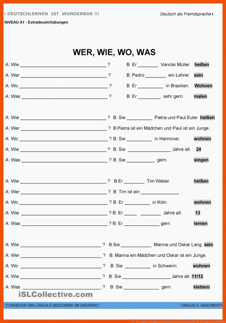A1 - W-Fragen | W-fragen, Text auf deutsch, Deutsch nachhilfe für w fragen arbeitsblätter