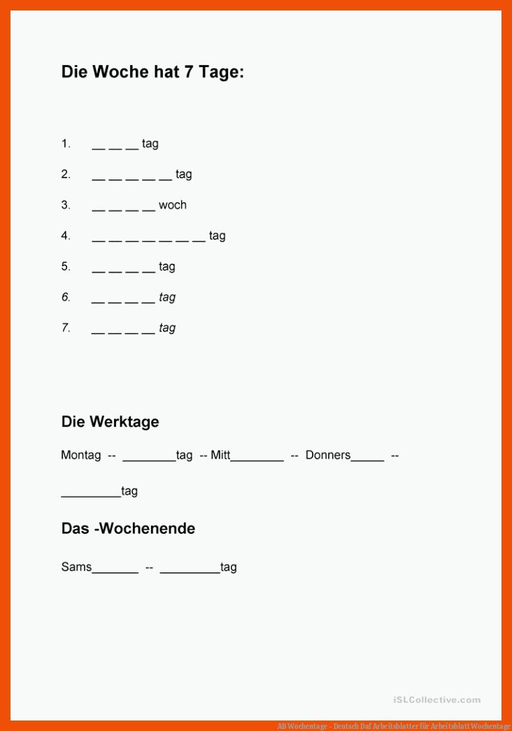 AB Wochentage - Deutsch Daf Arbeitsblatter für arbeitsblatt wochentage