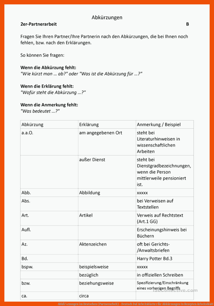 AbkÃ¼rzungen im Deutschen (Partnerarbeit) - Deutsch Daf Arbeitsblatter für abkürzungen in rezepten arbeitsblatt