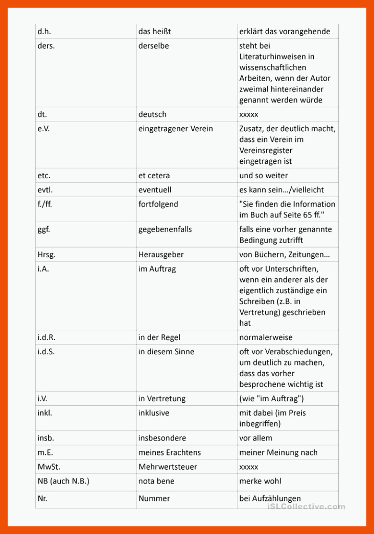 AbkÃ¼rzungen im Deutschen (Partnerarbeit) - Deutsch Daf Arbeitsblatter für abkürzungen in rezepten arbeitsblatt