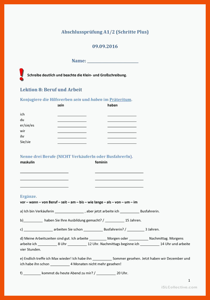 Abschlusstest Schritte plus A1/2 - Deutsch Daf Arbeitsblatter für schritte plus arbeitsblätter