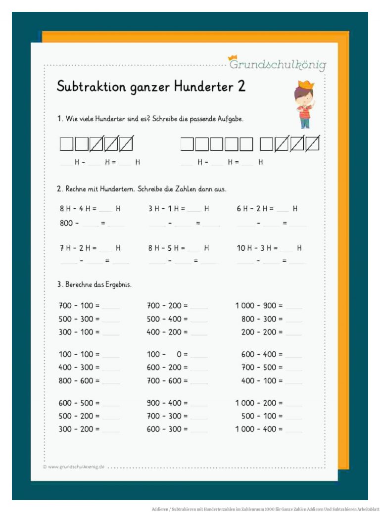 Addieren / Subtrahieren mit Hunderterzahlen im Zahlenraum 1000 für Ganze Zahlen Addieren Und Subtrahieren Arbeitsblatt