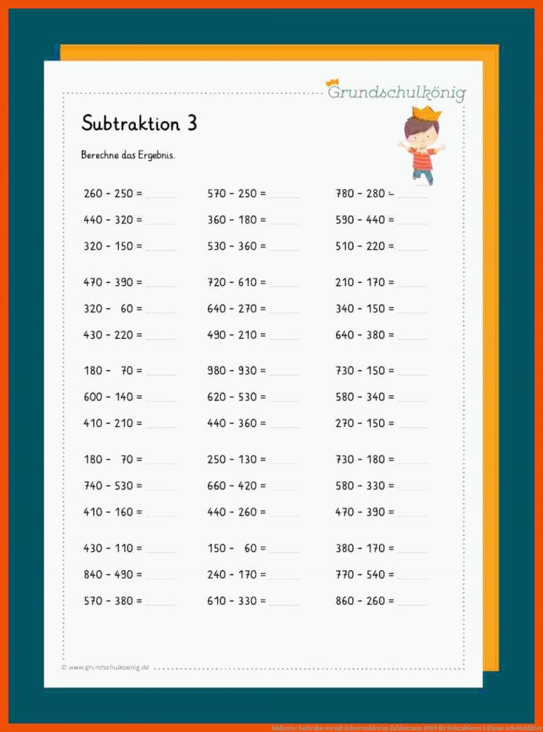 Addieren/ Subtrahieren mit Zehnerzahlen im Zahlenraum 1000 für subtrahieren 3 klasse arbeitsblätter