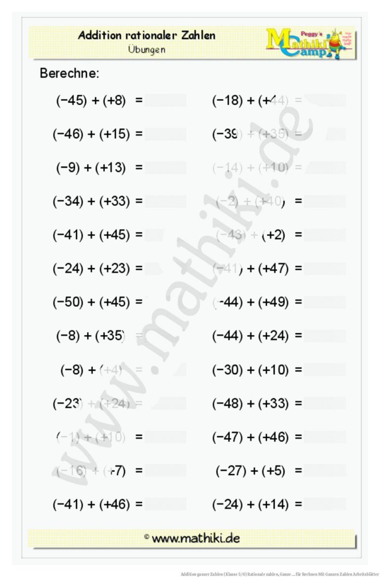 Addition Ganzer Zahlen (klasse 5/6) Rationale Zahlen, Ganze ... Fuer Rechnen Mit Ganzen Zahlen Arbeitsblätter