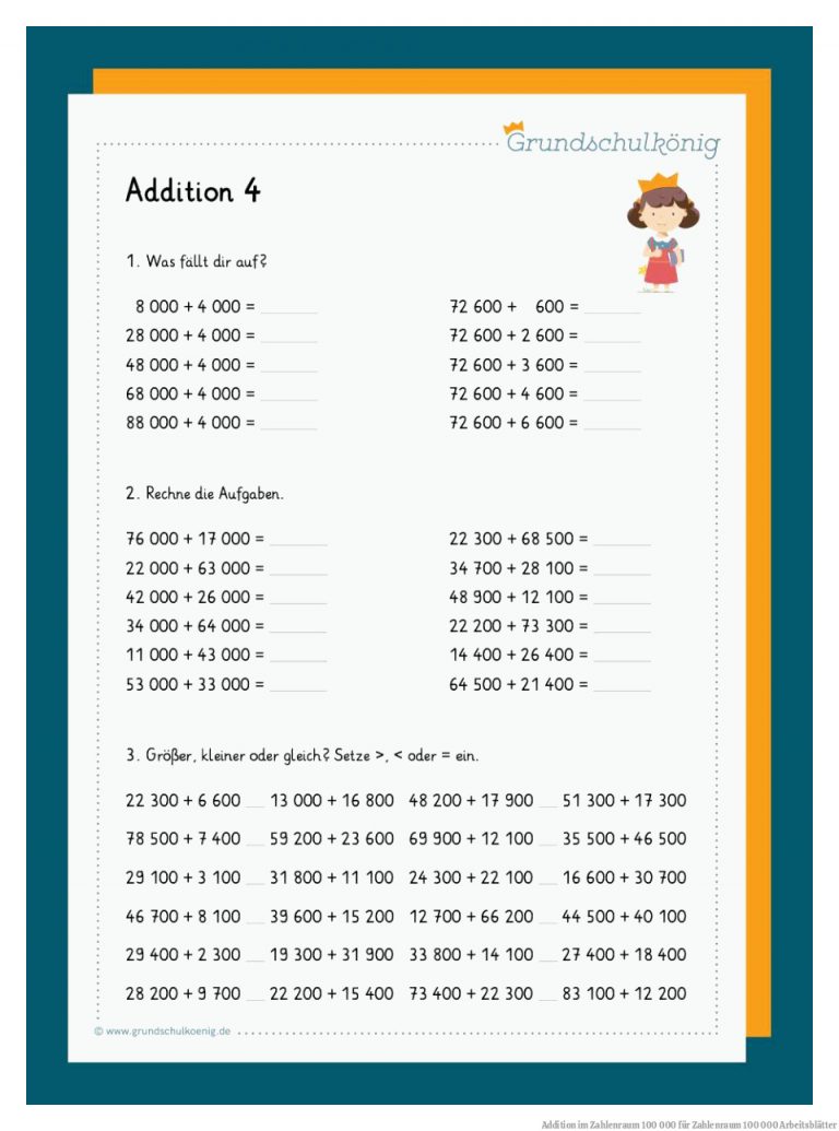 Addition im Zahlenraum 100 000 für Zahlenraum 100 000 Arbeitsblätter