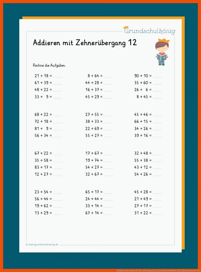 Addition mit ZehnerÃ¼berschreitung für arbeitsblatt addition und subtraktion bis 100