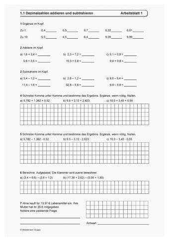 Dezimalzahlen Addieren Und Subtrahieren Arbeitsblätter