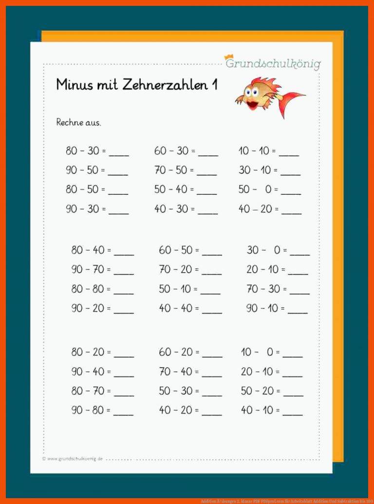 Addition Ã¼bungen 2. klasse PDF | PDFprof.com für arbeitsblatt addition und subtraktion bis 100