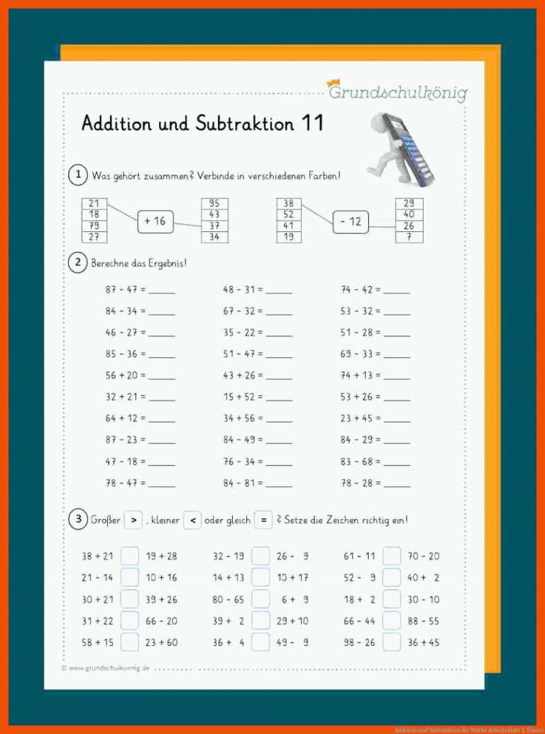 Addition Und Subtraktion Fuer Mathe Arbeitsblatt 2. Klasse