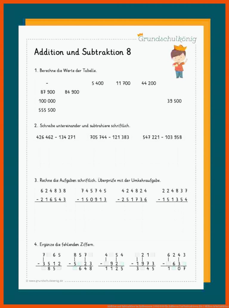 Addition und Subtraktion im Zahlenraum 1 000 000 für addieren und subtrahieren bis 1 million arbeitsblätter