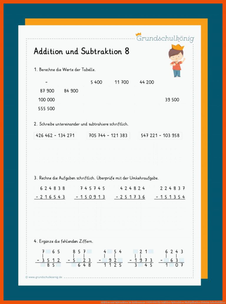 Addition und Subtraktion im Zahlenraum 1 000 000 für addition subtraktion multiplikation division arbeitsblätter