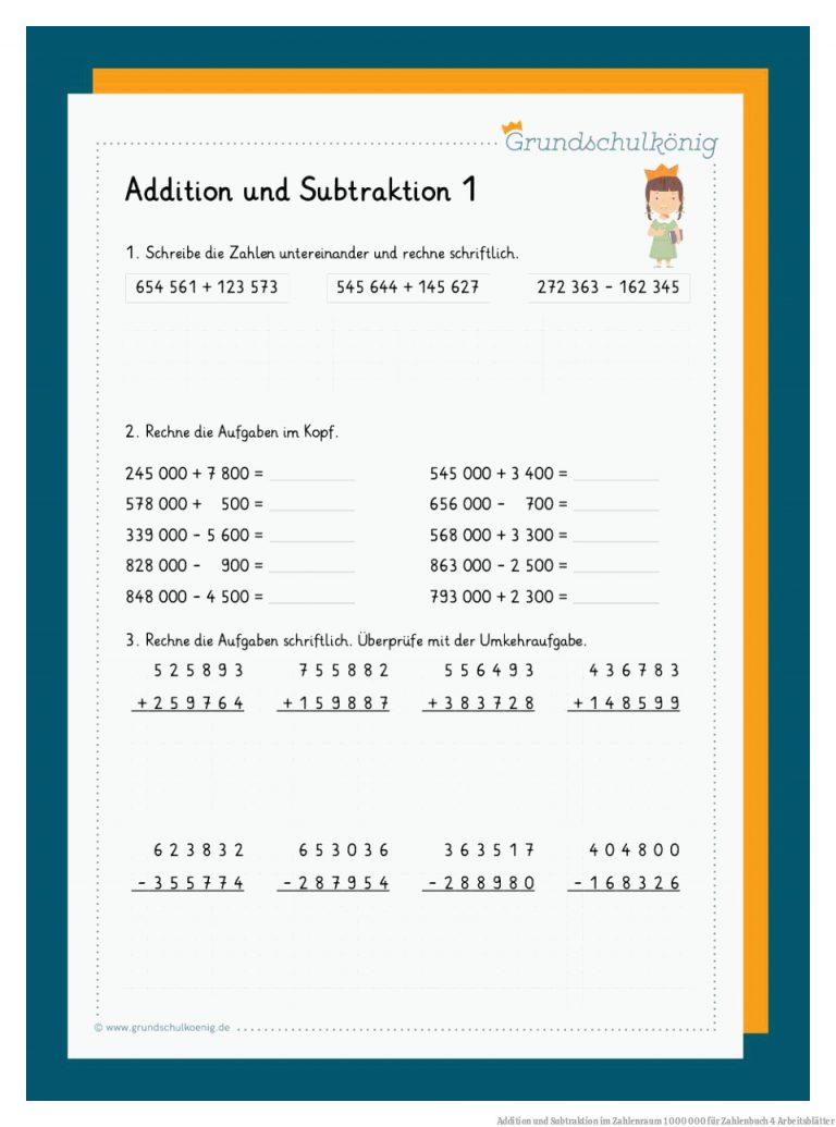 Addition und Subtraktion im Zahlenraum 1 000 000 für Zahlenbuch 4 Arbeitsblätter