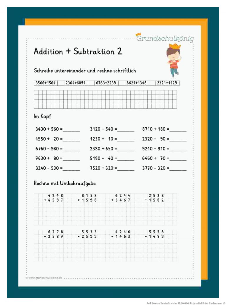 Addition und Subtraktion im ZR 10 000 für Arbeitsblätter Zahlenraum 10