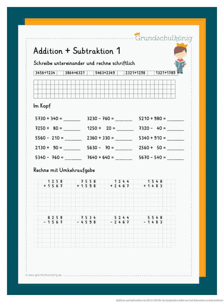 Addition und Subtraktion im ZR 10 000 für Dezimalzahlen Addieren Und Subtrahieren Arbeitsblätter