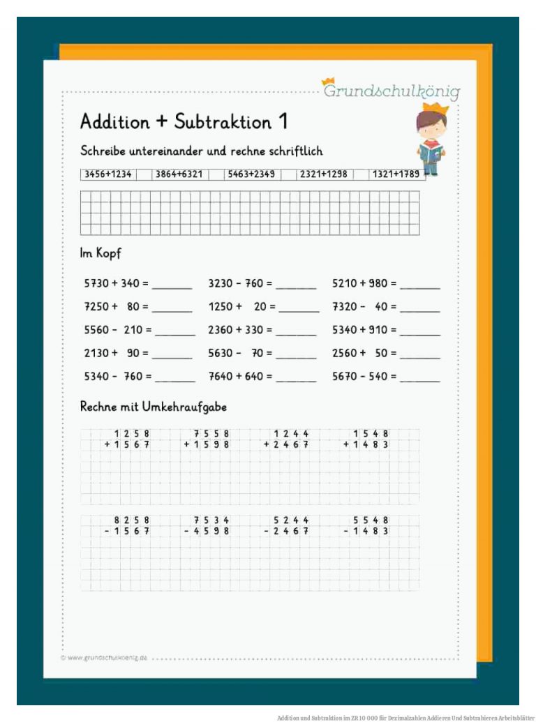 Addition Und Subtraktion Im Zr 10 000 Fuer Dezimalzahlen Addieren Und Subtrahieren Arbeitsblätter