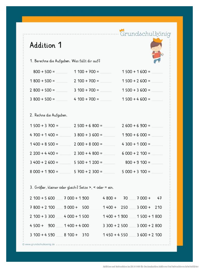Addition und Subtraktion im ZR 10 000 für Dezimalzahlen Addieren Und Subtrahieren Arbeitsblätter