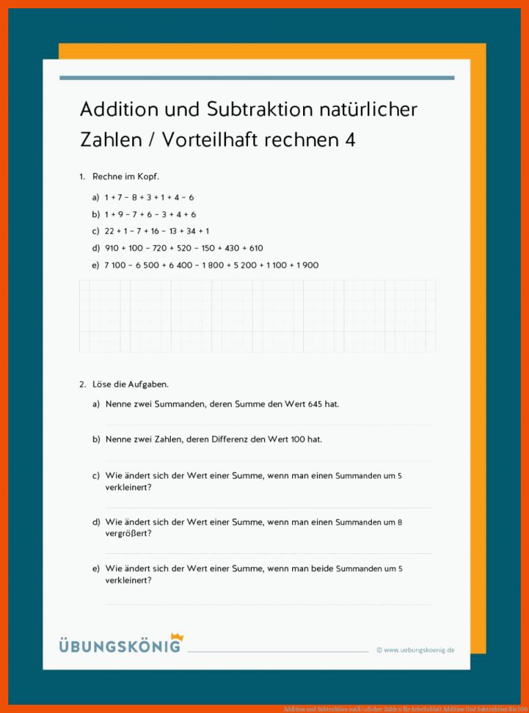 Addition Und Subtraktion NatÃ¼rlicher Zahlen Fuer Arbeitsblatt Addition Und Subtraktion Bis 100