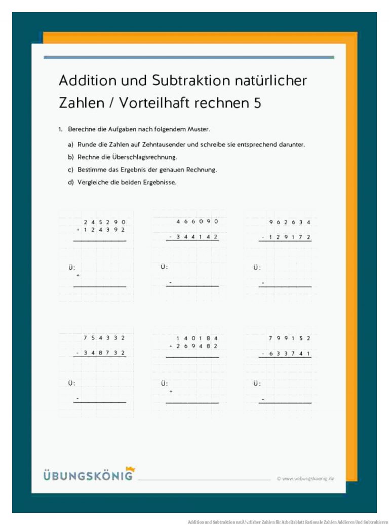 Addition und Subtraktion natÃ¼rlicher Zahlen für Arbeitsblatt Rationale Zahlen Addieren Und Subtrahieren